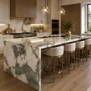 Losas de piedra sinterizada con aspecto de mármol verde esmeralda Victoria Gold, losa de porcelana con aspecto de mármol pulido, 1600 x 32 - Product Image 4