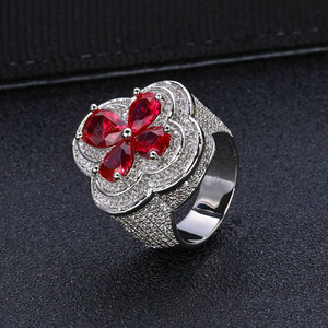 Men's Trendy Hiphop Customize <b>Ring</b> Copper Gold Plated Four Leaf Princess Cut Zircon Green Red Gemstone Flower <b>Iced</b> - Product Image 2