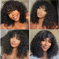 En stock perruques courtes ondulées Bob avec franges pour femmes noires perruques de cheveux humains fabriquées à la machine sans dentelle