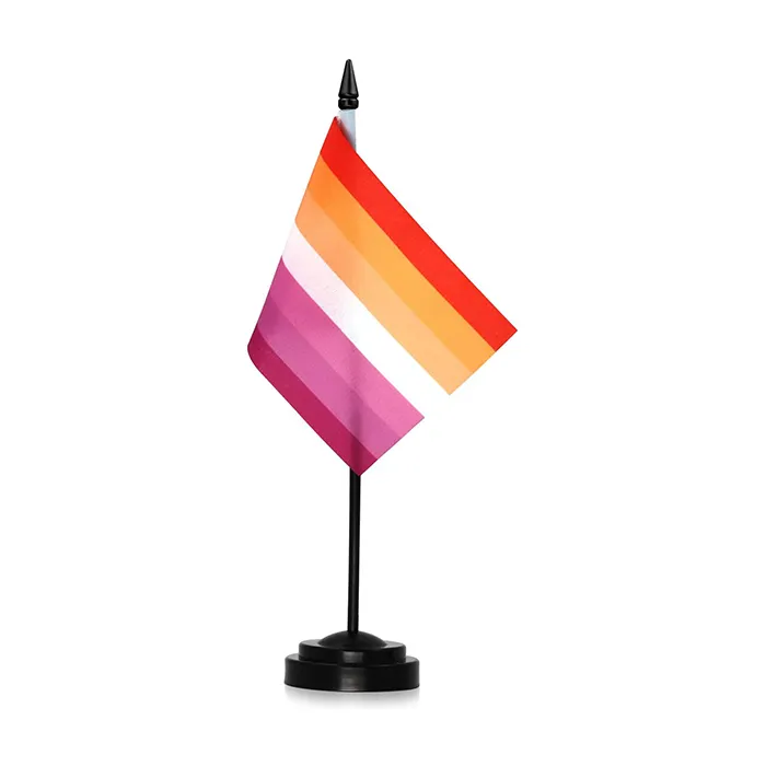 Venta al por mayor Sunset Lesbian Rainbow Desk Flag LGBT Stick Small Mini Pride Flags Bandera de mesa de oficina con base de soporte