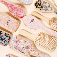 MiDairy BROSSE ET PEIGNE À CHEVEUX LOGO PERSONNALISÉ en Bambou Naturel, Coussin d'Air en Bois, Accessoires en Acétate, Brosse à Cheveux Douce en Poils de Chèvre, Personnalisable