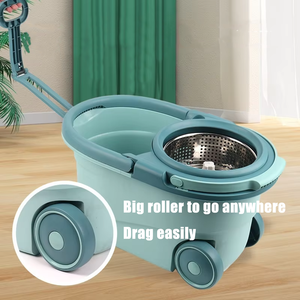Serpillère rotative mains libres auto-nettoyante à double entraînement turbo 360° pour sols humides et secs, avec grandes roues en acier inoxydable et seau - Product Image 4