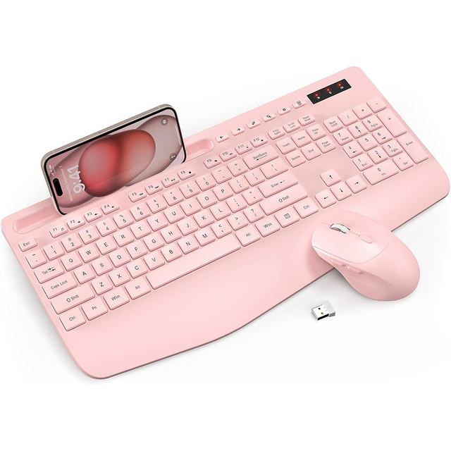 Ergonomic Wireless Keyboard and Mouse Combo Full-Sized Wrist Rest Phone Holder Sleep Mode 2.4G Silent Keyboard