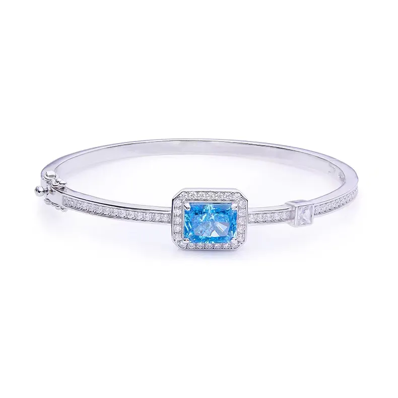 Kualitas Tinggi Sterling Silver Rhodium Disepuh Bercahaya Potongan Es Aqua Biru 8A Zirconia Perhiasan Gelang Gelang untuk Wanita