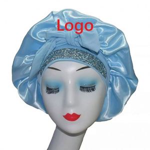Bonnet en satin de haute qualité avec logo personnalisé, double couche de strass brillants et bande élastique en soie - Product Image 1