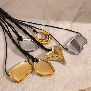 Collier pendentif irrégulier brillant en acier inoxydable avec cordon ciré noir pour bijoux de mode - Product Image 3