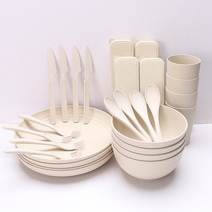 Reusable eco friendly wheat straw plastic picnic dinnerware set dinner tableware set for kids and adults