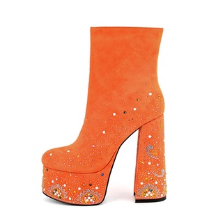 Zapatos con Diamantes de Colores, Botines Personalizados con Punta Redonda para Mujer, Plataforma, Cierre Lateral, Tacón Alto y Grueso - Product Image 3