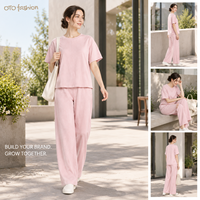 Ensemble deux pièces texturé rose à manches courtes pour femme, pantalon large décontracté d'été, personnalisable OEM Marque Privée