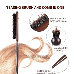 Cepillo de masaje para el cabello con logotipo personalizado, peine de cerdas naturales, peine voluminizador, mango de madera, cepillo de 3 filas, peine antiestático para peluquería y masaje del cuero cabelludo - Product Image 3