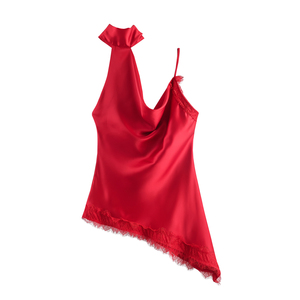 Débardeurs en satin pour femmes, couleur <span class=keywords><strong>rouge</strong></span>, design asymétrique, bordure en <span class=keywords><strong>dentelle</strong></span>, dos ajouré, soyeux, décontracté, mode estivale - Product Image 2