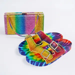Luxury Women Clutch Bag and Shoes Set Diamond Handbag Match Colorful Slippers Shoes Set