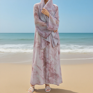 Abaya de Chifón con Estampado Teñido, Abertura Frontal y <span class=keywords><strong>Sheila</strong></span> a Juego, Conjunto de 2 Piezas, Ropa Islámica para Verano - Product Image 1