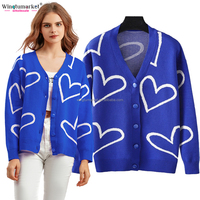 Vente en gros de cardigans en tricot pour dames pulls en forme de cœur rose pull en jacquard personnalisé surdimensionné cardigan en tricot pour femmes