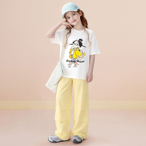 Conjunto de 2 piezas para niñas, camiseta de manga corta con estampado de dibujos animados y pantalones amarillos, chándal informal para niños - Product Image 5