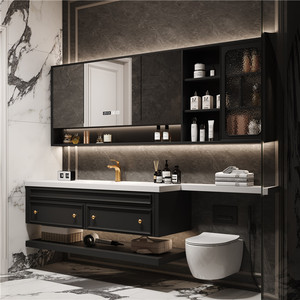 Mueble de Baño Vintage Estilo Francés con Extensión para <span class=keywords><strong>Inodoro</strong></span>, Lavabo Integrado de Losa de <span class=keywords><strong>Roca</strong></span> Curvada en Caliente, Lavabo Estilo Americano - Product Image 1