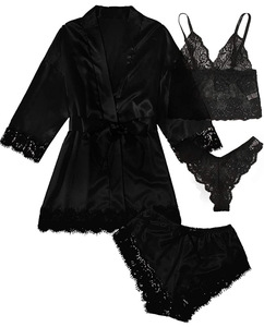 Ensemble de pyjama 4 pièces sexy pour femme, taille haute, séchage rapide, en satin de soie, avec caraco, vêtements de nuit, style Victoria, technique de teinture unie - Product Image 3