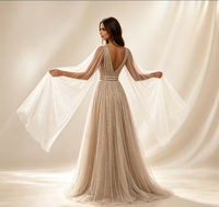 Robe de soirée longue en tulle à sequins grande taille, col en V profond, manches cape, pour banquet et soirée formelle