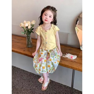TongXingYuan Girls Summer Two Piece Set Yellow Top Floral Pants Cotton Baby Clothing Set - Product Image 4