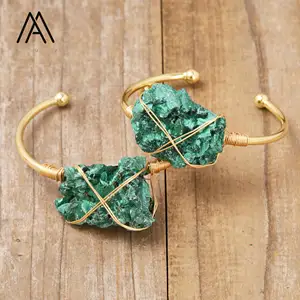 Raw Malachite Mineral Chunky Bangles Healing Natural Malachites Open Cuff Bracelets Handmade Wire Wrap Jewelry Men Women Gifts