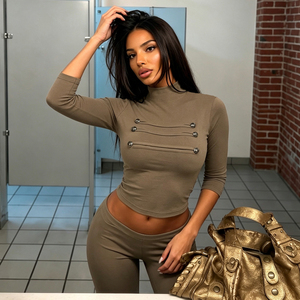 Women's Turtleneck Slim Fit <b>Crop</b> Knitted <b>Top</b> Three Quarter Sleeve Metal Button Detail Solid Color Casual - Product Image 3