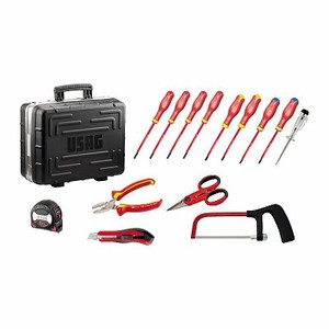 Juego de herramientas con destornilladores, alicates, tijeras, sierra, cinta métrica, diseño rojo y negro para tareas de reparación doméstica - Product Image 1