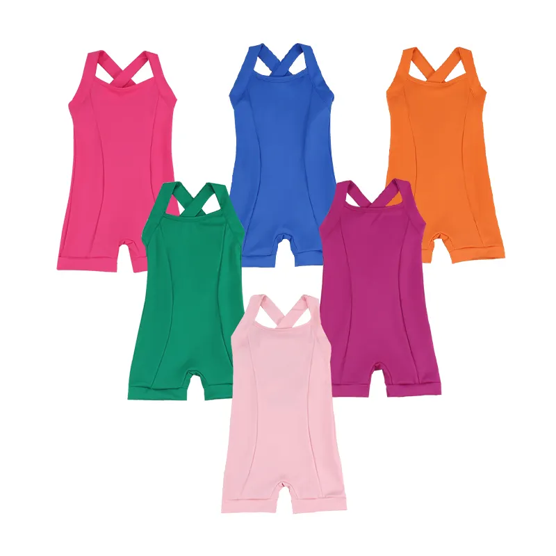 2023 Boutique sangles nouveau Design Nylon sans manches confortable Yoga tricoté tissu enfants filles vêtements été ensemble