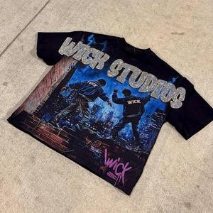 Camiseta de Manga Corta para Hombre, Estilo Americano, Desgastada, con Estampado de Personajes y Letras con Pedrería, Estilo Urbano - Product Image 3