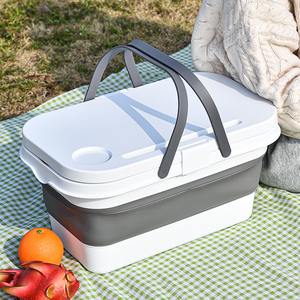 Collapsible Picnic Basket Plastic Storage Bins, Basket with Lid for Organizing, Car Trunk Organizer , Camping, Outdoor, Shopping