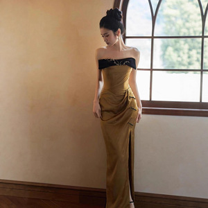 Women's Strapless Retro Toasting Dress Natural Waist Embroidered Vintage Coming Of Age Ceremony Wedding Dress - Product Image 1