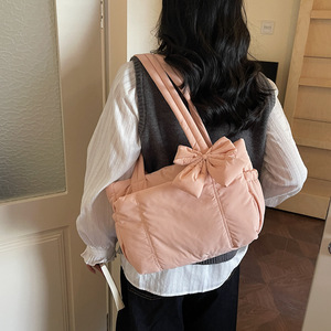 Borsa tote da donna in cotone con fiocco - Stile giapponese e coreano, grande capacità, leggera, morbida, tinta unita, casual, per uso quotidiano - Product Image 3