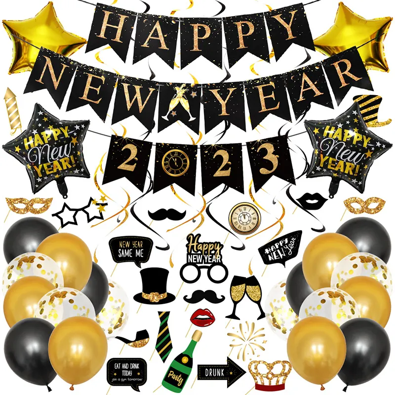 Happy New Year Decoration 2023 Hanging Swirls Balloons Banner and Photo Booth Props New Years Eve Party Supplies
