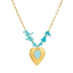 Irregular Blue Pebble Beaded Necklace Gold Plated Heart Pendant Clavicle Chain Daily Party Wear - Product Image 5