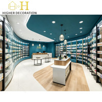 Présentoir de Comptoir de Pharmacie Luxe Bleu Profond, Présentoir Cosmétique Incurvé Mural, Vitrine de Présentation Cosmétique
