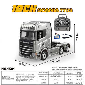 Luckytoys Huina Toucan <span class=keywords><strong>Scania</strong></span> 770S 1502 Remolque Plataforma Semi Remolque 1501 <span class=keywords><strong>RC</strong></span> Tractor Camión 6X6RC Camión de ingeniería de aleación para niño - Product Image 4