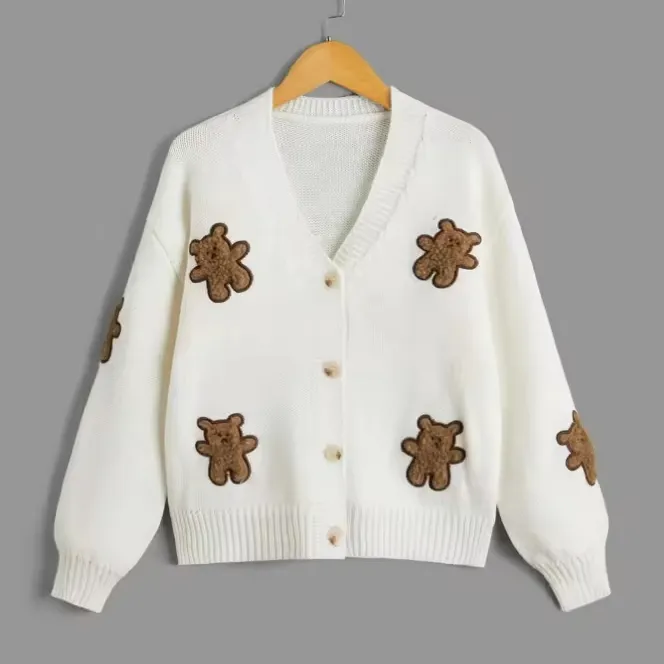 बच्चों के लिए ड्रॉप शोल्डर बटन फ्रंट लंबी आस्तीन वी नेक स्वेटर कार्डिगन कस्टम उच्च गुणवत्ता वाला प्यारा भालू कढ़ाई कार्डिगन