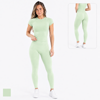 Ensemble de yoga sans couture pour femmes, 2 pièces, haut à manches courtes, leggings taille haute avec effet ventre plat, respirant, tenue de sport pour la salle de gym