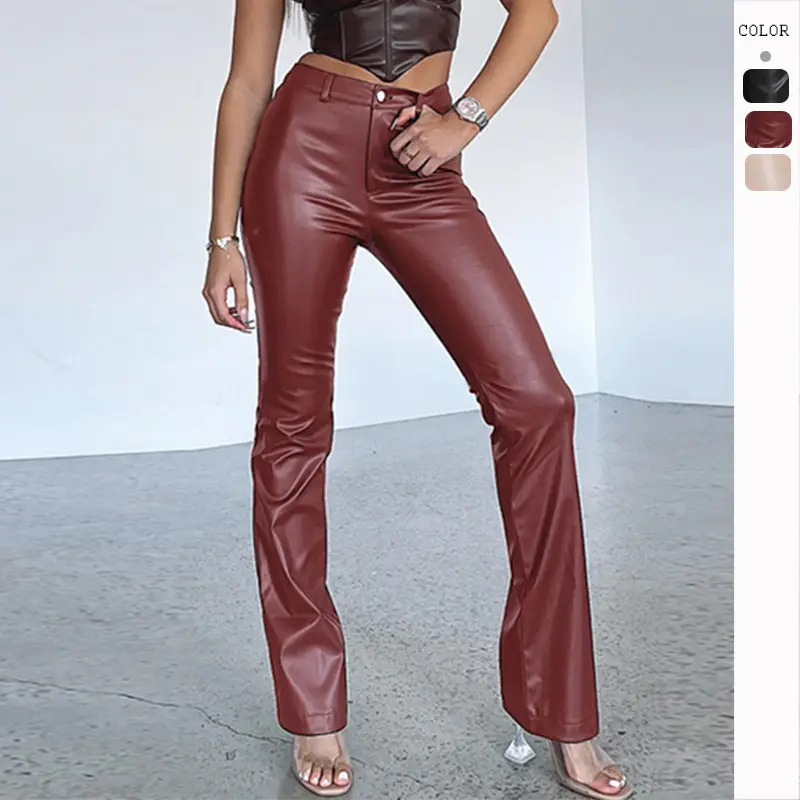 Fashion Streetwear Women's Clothing Leather High Waist Fit Slim Straight Trousers Casual Women Pu Pants