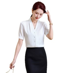 White Satin Chiffon Blouse Short Sleeve Elegant Office Shirt Women's Top With Sheer Layer - Product Image 5