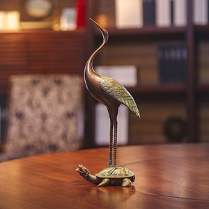 Copper World Brass Tortoise And Crane Ornament Antique Color Desktop Decor Home Office Gift For Elders Chinese Style Decoration - Product Image 1
