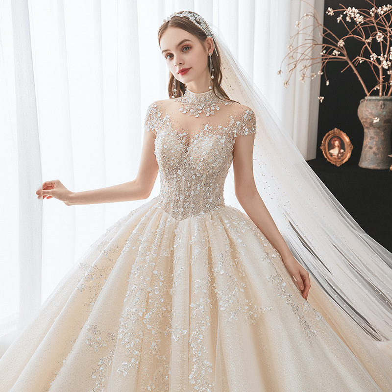 Gorgeous Appliques Wedding Dresses High Neck Embroidery Lace Sequin Beaded Shiny Sen Series Super Fairy French main Bridal Gown