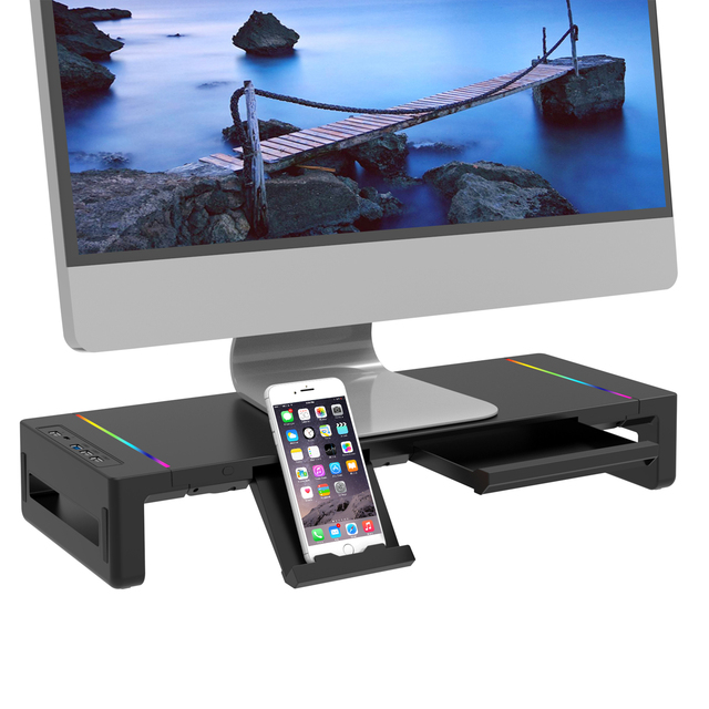 Adjustable Length 3.0 USB HUB & Type-C Data Port Foldable Computer Monitor Stand with Storage Drawer Pen Slot New Condition