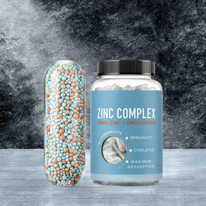 Microbilles <span class=keywords><strong>de</strong></span> soutien immunitaire au <span class=keywords><strong>zinc</strong></span> et au cuivre |   30 mg <span class=keywords><strong>de</strong></span> bisglycinate <span class=keywords><strong>de</strong></span> <span class=keywords><strong>zinc</strong></span> <span class=keywords><strong>orotate</strong></span> + 2 mg <span class=keywords><strong>de</strong></span> cuivre chélaté B6 |   Végétalien sans gluten |   60 - Product Image 1
