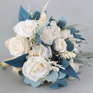 Популярный павлин синий Цветочный декор, романтический искусственный шелк, белая роза, свадебный букет