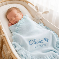Couverture Bébé Personnalisée 100% Coton avec Nom Brodé, Date et Empreinte de Pied, Tricotée, Cadeau Souvenir Nouveau-né, Bord Volanté