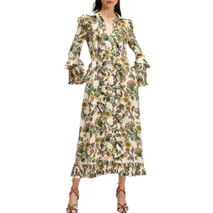 Fashion Casual Long Shirt Dress V Neck Ruffles Floral Print Pleated Long Sleeve Christmas Cocktail Party Maxi Dresses