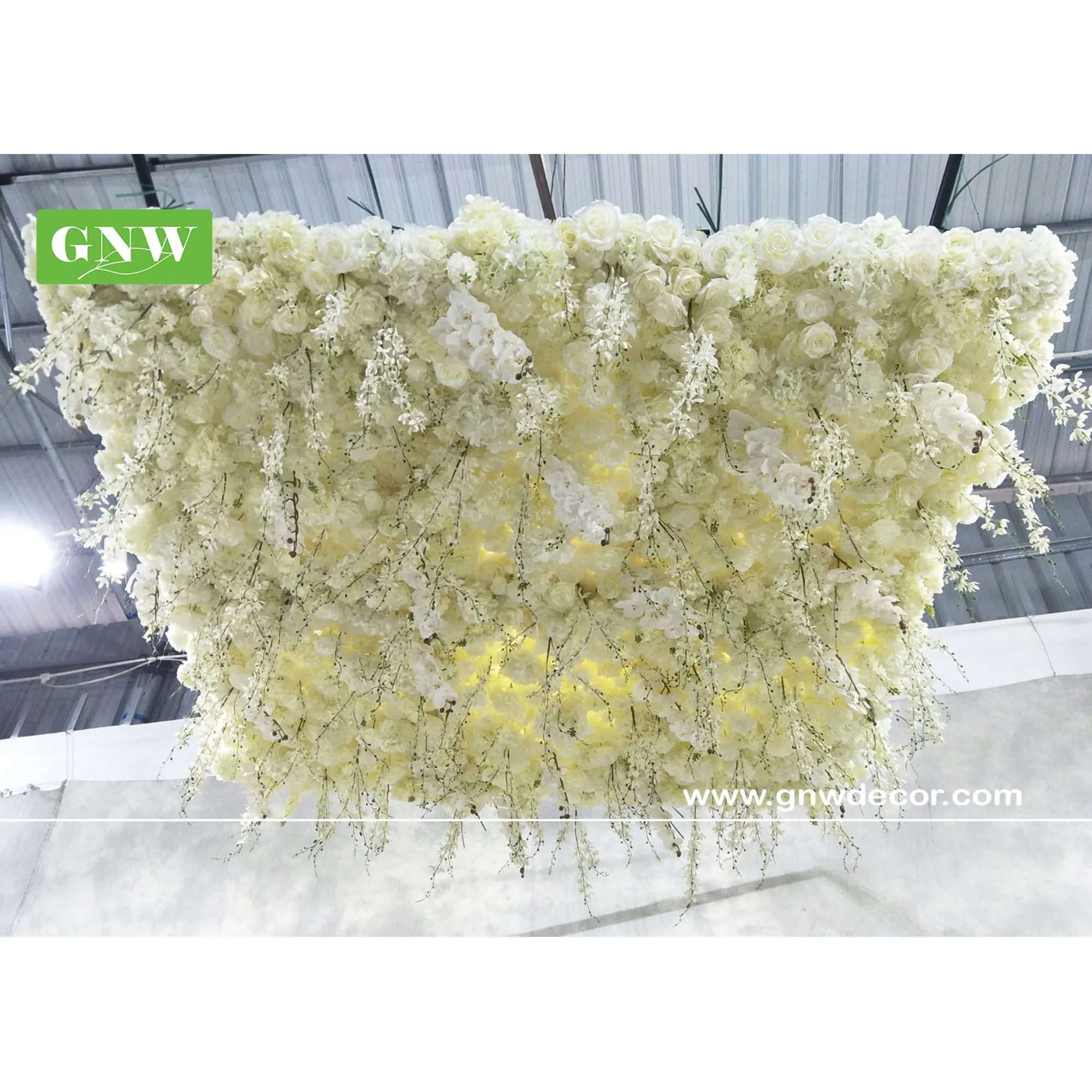 GNW White Decorative Backdrop Ceiling Panel Indoor Colorful Artificial Faux Flower Wall for Event Decoration