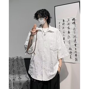 Camisa Negra de Manga Corta Plisada <span class=keywords><strong>sin</strong></span> Planchar Estilo Cubano para Hombre, Diseño Exclusivo con Bordado Jacquard, Chaqueta Cardigan Holgada e Informal - Product Image 5