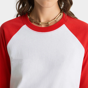 Camiseta de <span class=keywords><strong>Manga</strong></span> Tres Cuartos Raglán de Marca Propia, Cuerpo Blanco con Mangas Rojas, Ligera, Transpirable, de Algodón, para <span class=keywords><strong>Mujer</strong></span> - Product Image 4