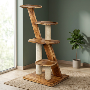 Arbre à chat rectangulaire à plusieurs niveaux en bois d'acacia |   Table pour animaux de compagnie de style moderne du milieu du siècle, fabriquée à la main, écologique, 45x45x140cm - Product Image 2